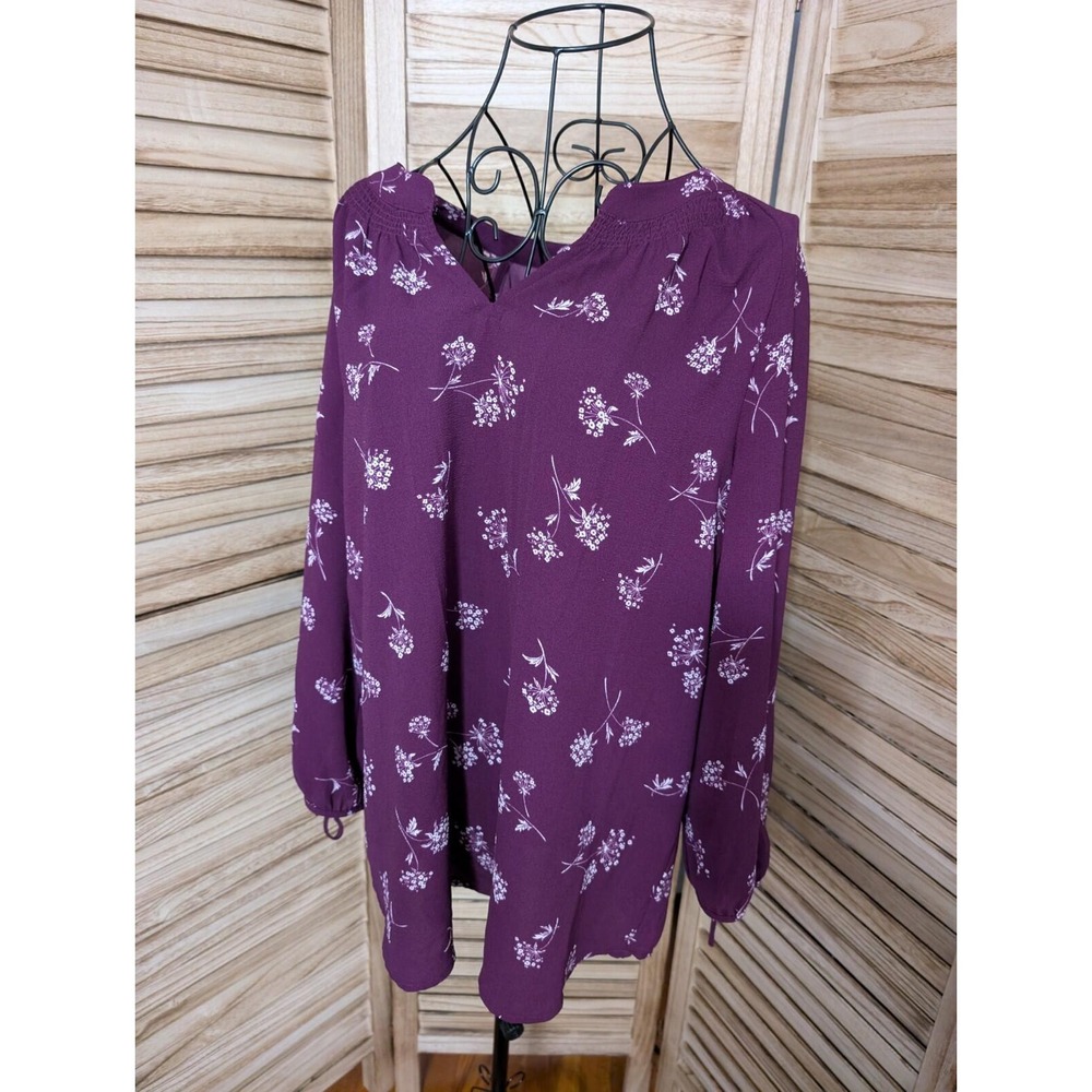 41Hawthorn Top Womens Large Burgundy Pink White Floral 3/4 Sleeves Stretch - Picture 1 of 3